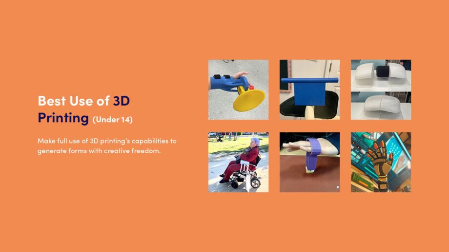 6 thumbnail images of 3D printed assistive devices that made it to the finals of the 'Best Use of 3D Printing' category in the Make:able Challenge.